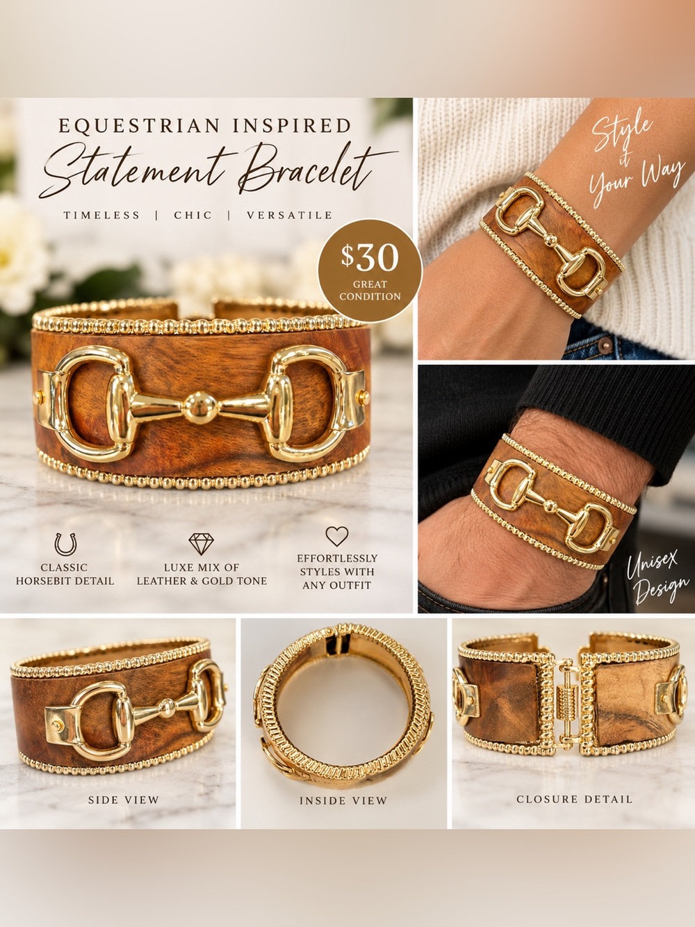 Equestrian-Inspired Gold Tone & Brown Leather Statement Bracelet